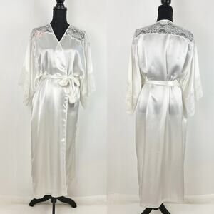Vintage Val Mode Lingerie Robe White Silky Lace Floral Embroidered Large